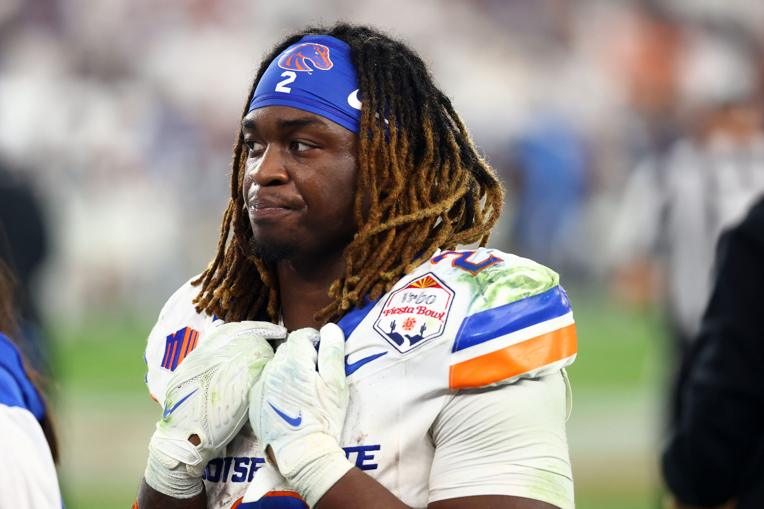 Boise State Broncos running back Ashton Jeanty (2) reacts after the game against the Penn State Nittany Lions in the Fiesta Bowl at State Farm Stadium.