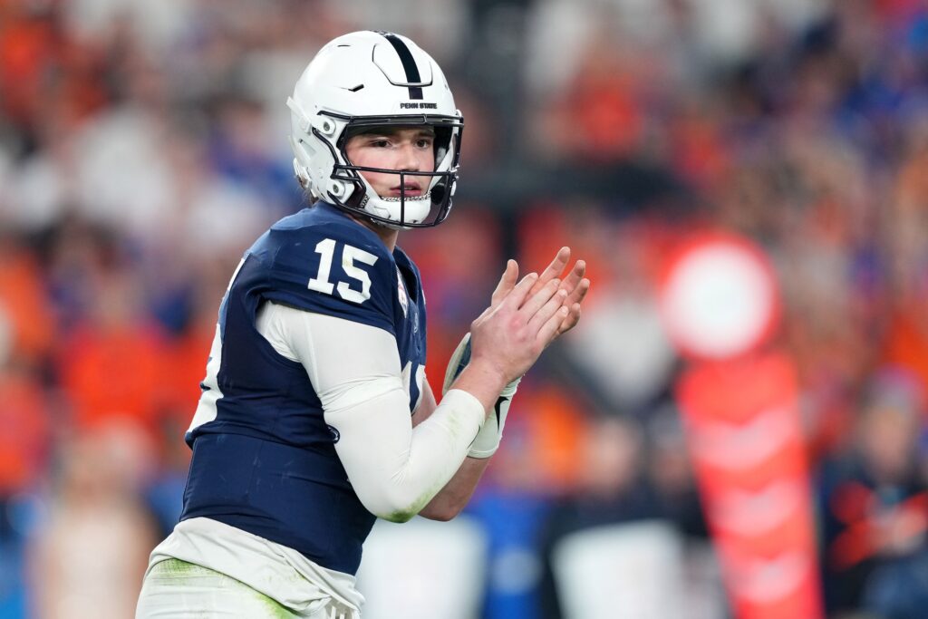 Penn State Nittany Lions quarterback Drew Allar (15) reacts against the Boise State Broncos during the second half in the Fiesta Bowl at State Farm Stadium.