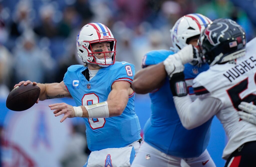 Tennessee Titans quarterback Will Levis (8) prepares to pass during the third quarter at Nissan Stadium in Nashville, Tenn.