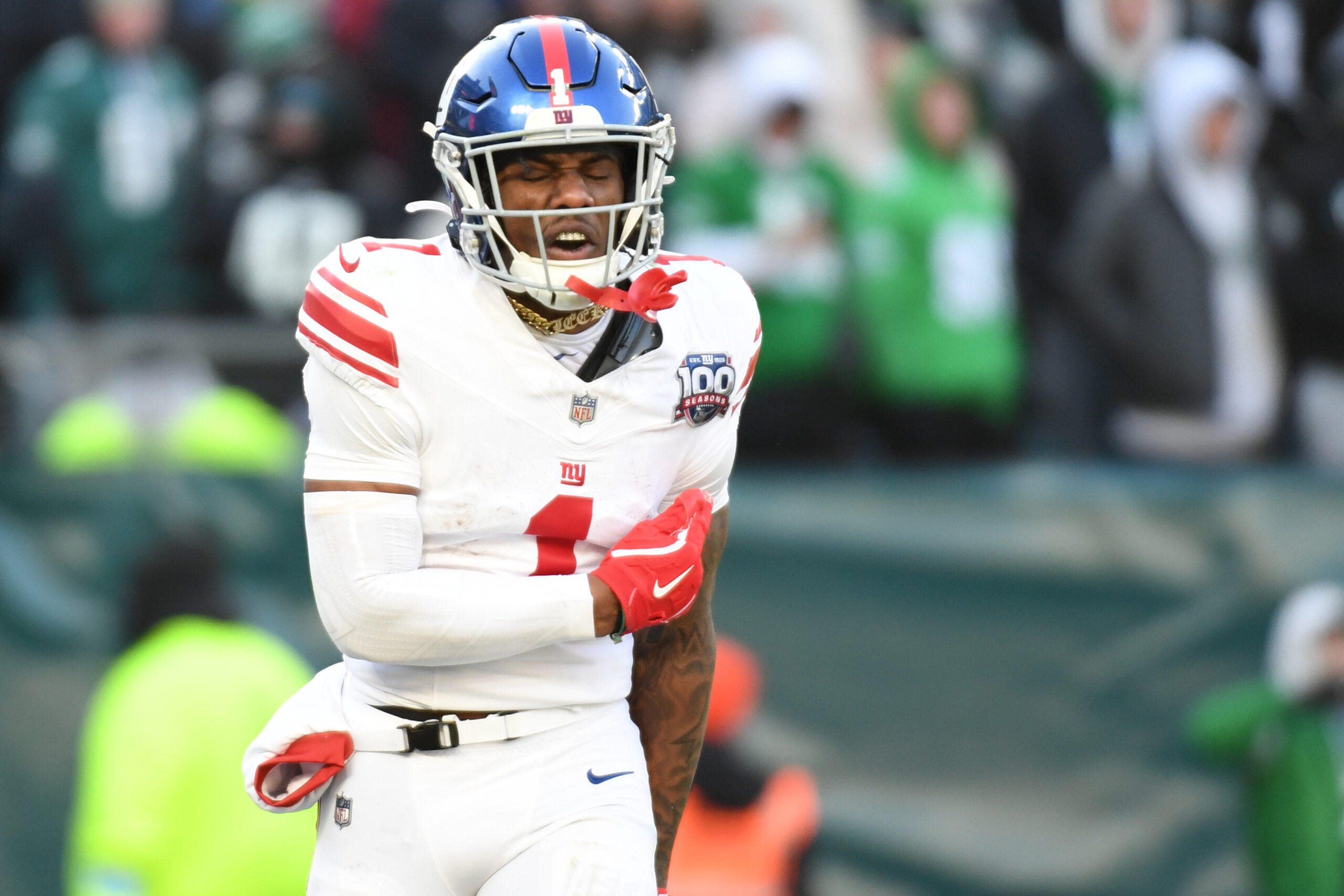 New York Giants wide receiver Malik Nabers (1) celebrates his 45-yard touchdown catch against the Philadelphia Eagles during the fourth quarter at Lincoln Financial Field.