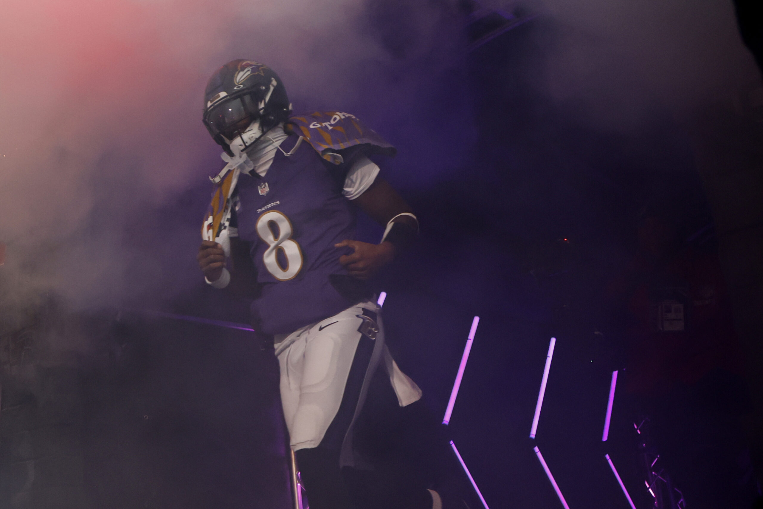 Baltimore Ravens quarterback Lamar Jackson (8) takes to the field prior to the Ravens' game against the Pittsburgh Steelers in an AFC wild card game at M&T Bank Stadium.