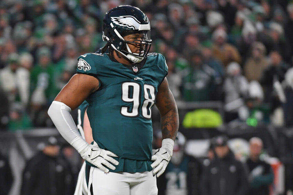 Philadelphia Eagles defensive tackle Jalen Carter (98) against the Green Bay Packers in an NFC wild card game at Lincoln Financial Field.