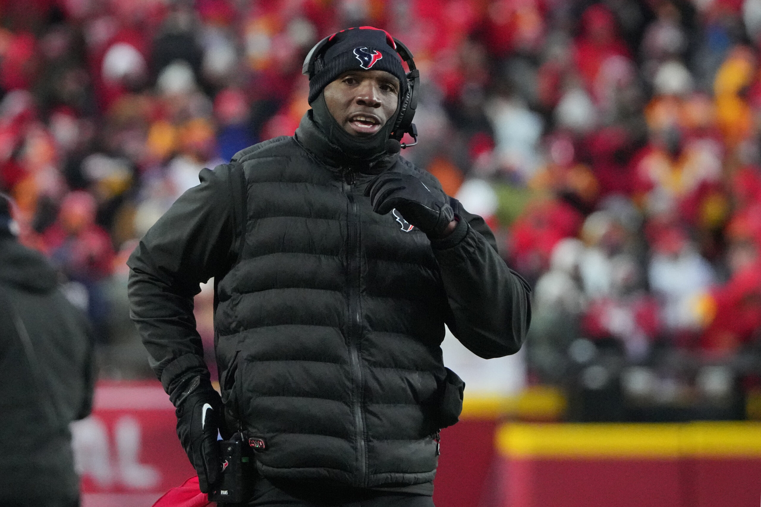 Houston Texans head coach DeMeco Ryans reacts during the third quarter of a 2025 AFC divisional round game against the Kansas City Chiefs at GEHA Field at Arrowhead Stadium.