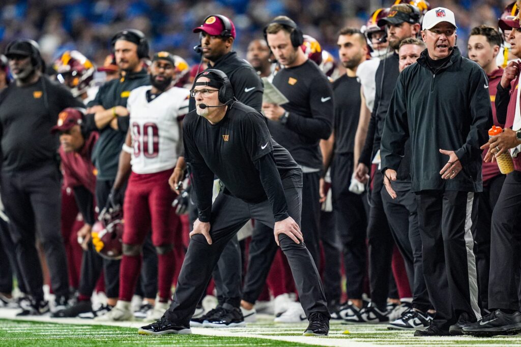 Washington Commanders head coach Dan Quinn on the sideline in the first half against the Detroit Lions in the NFC divisional round at Ford Field in Detroit.