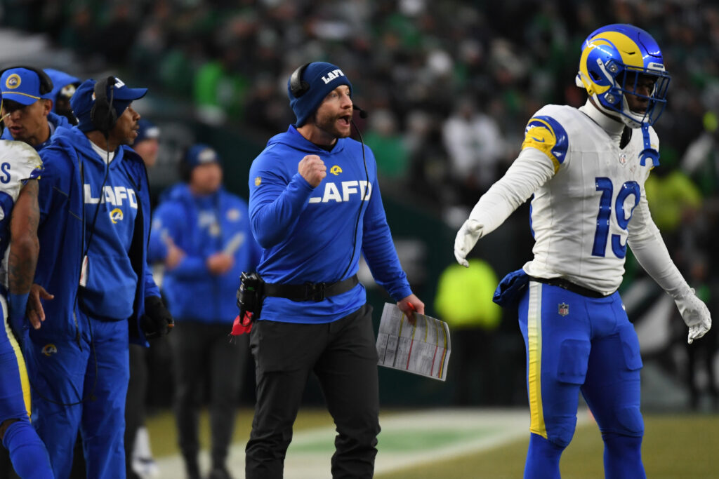 Los Angeles Rams head coach Sean McVay (center) reacts on the sidelines in the first half against the Philadelphia Eagles at Lincoln Financial Field.