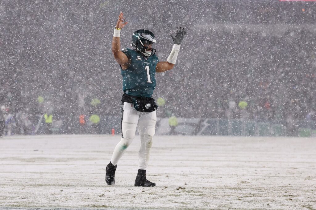 Philadelphia Eagles quarterback Jalen Hurts (1) reacts on the field in the second half against the Los Angeles Rams. 