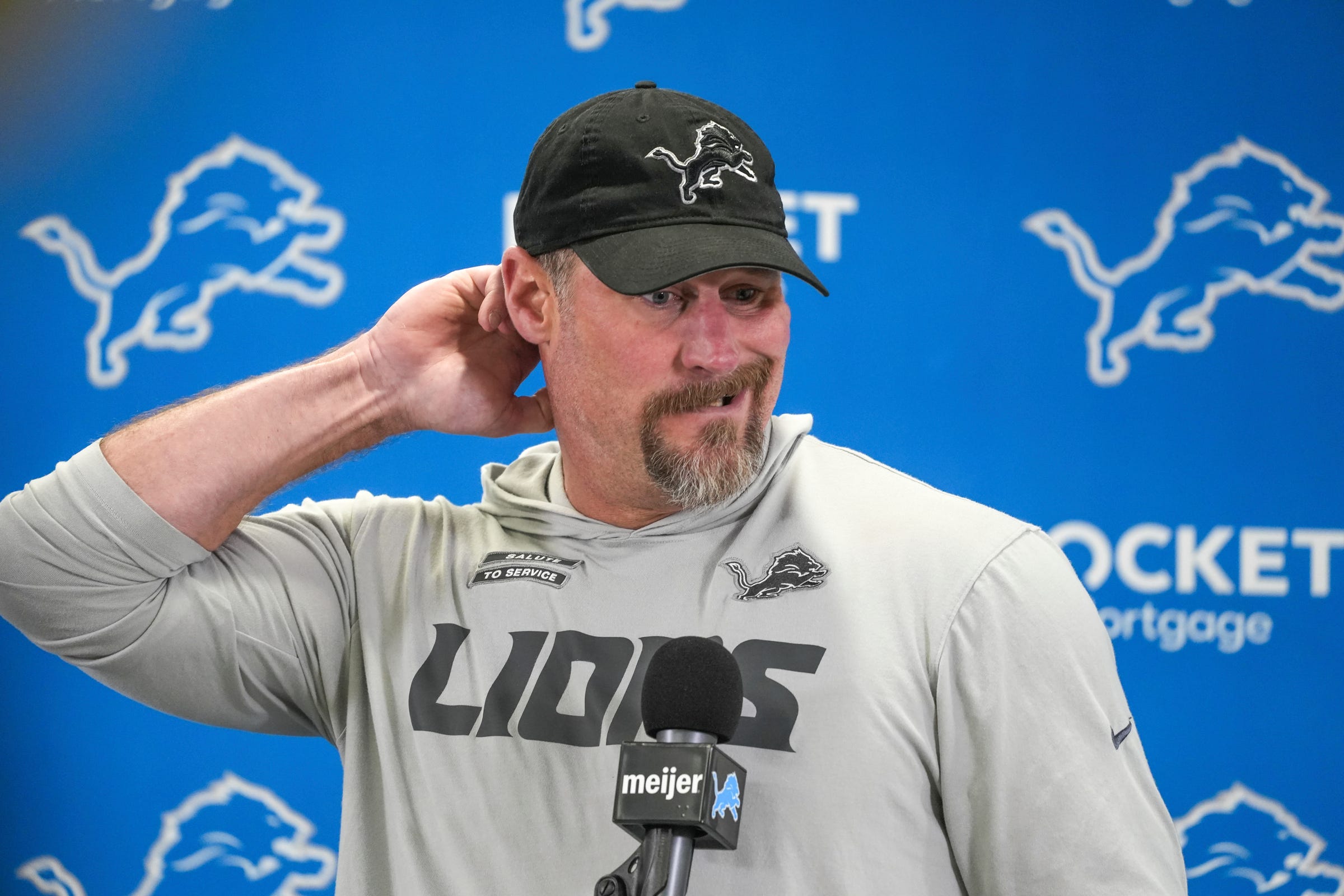 Detroit Lions head coach Dan Campbell speaks to members of the media at the Detroit Lions practice facility in Allen Park on following his team’s NFC divisional playoff loss.