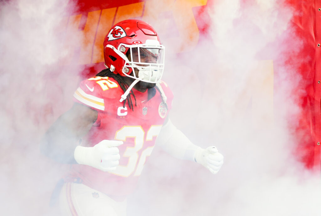 Kansas City Chiefs linebacker Nick Bolton (32) takes the field prior to a 2025 AFC divisional round game against the Houston Texans at GEHA Field at Arrowhead Stadium.