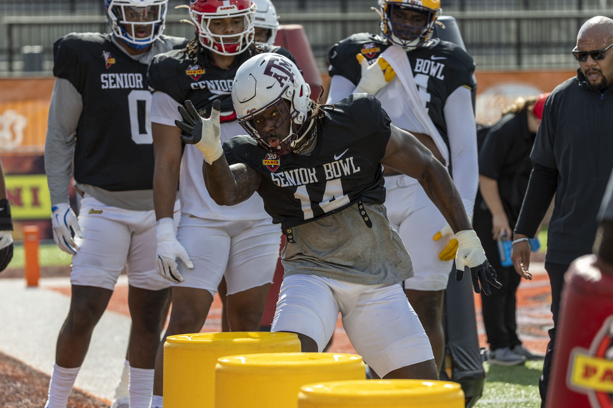 American team defensive lineman Shemar Stewart of Texas A&M works through drills during Senior Bowl practice at Hancock Whitney Stadium.