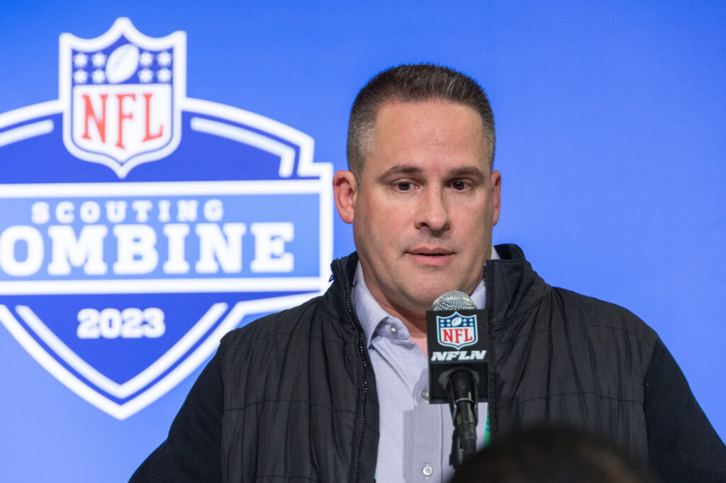 Las Vegas Raiders coach Josh McDaniels speaks to the press at the NFL Combine at Lucas Oil Stadium. 