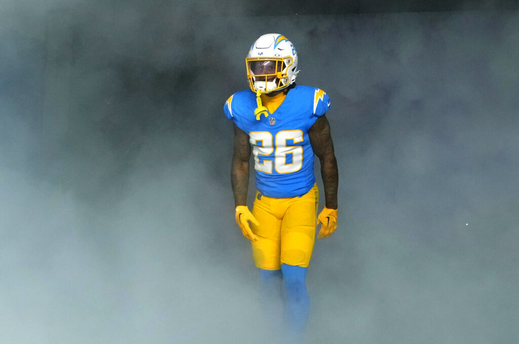 Los Angeles Chargers cornerback Asante Samuel Jr. (26)  enters the field before the game against the Buffalo Bills at SoFi Stadium.