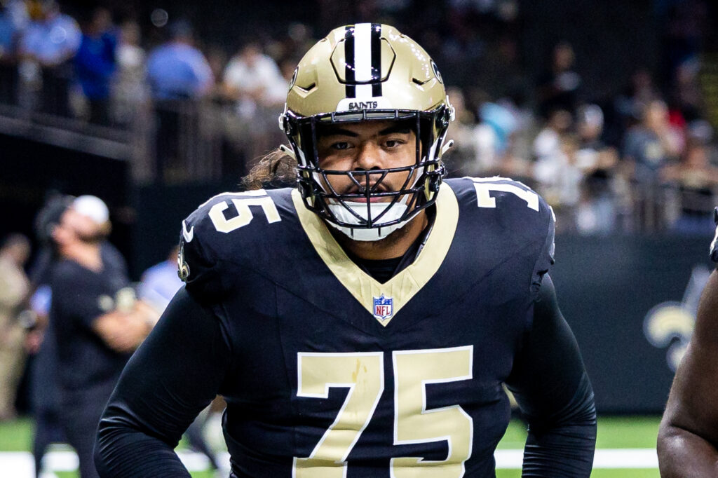 New Orleans Saints offensive tackle Taliese Fuaga (75) during the warmups before the game against the Tennessee Titans at Caesars Superdome. 