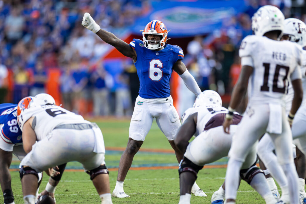 Florida Gators linebacker Shemar James (6) gestures before the snap against the Texas A&M Aggies during the first half at Ben Hill Griffin Stadium.