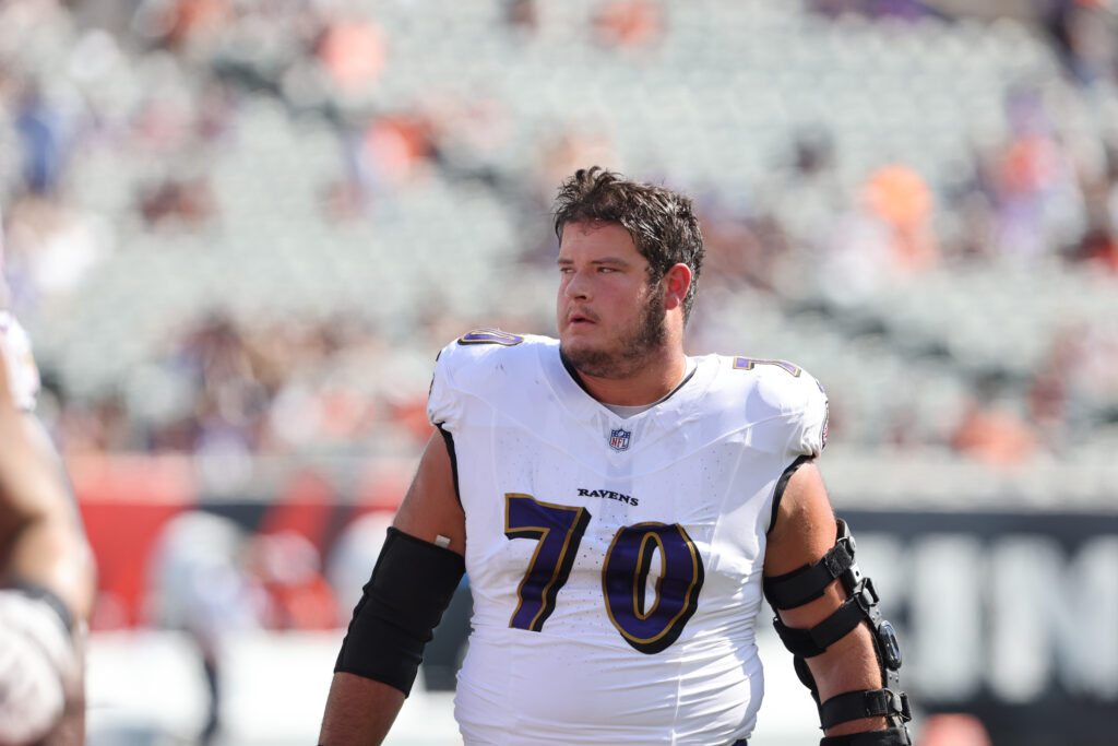 Baltimore Ravens offensive tackle Roger Rosengarten (70) before the game against the Cincinnati Bengals at Paycor Stadium. 