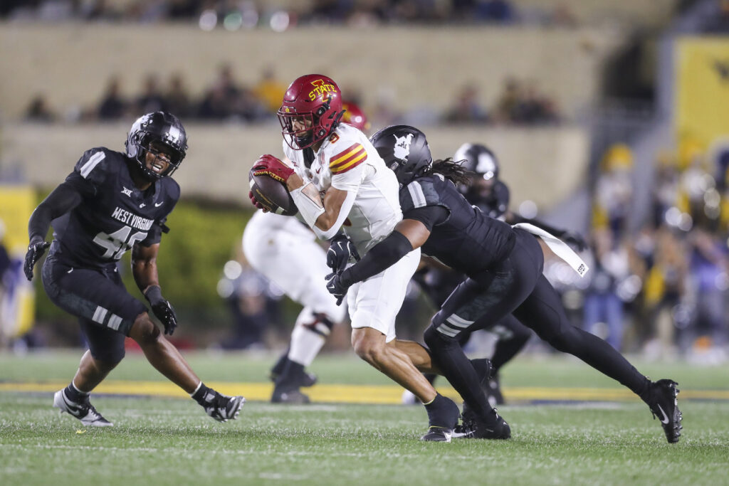 Iowa State Cyclones wide receiver Jayden Higgins (9) makes a catch against the West Virginia Mountaineers during the second quarter at Mountaineer Field at Milan Puskar Stadium.