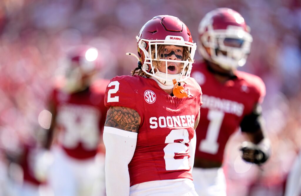 Oklahoma Sooners defensive back Billy Bowman Jr. (2) celebrates an interception in the first half of the Red River Rivalry college football game between the University of Oklahoma Sooners and the Texas Longhorn at the Cotton Bowl Stadium in Dallas, Texas.