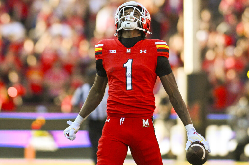 Maryland Terrapins wide receiver Kaden Prather (1) reacts after making a first half reception against the Southern California Trojans  at SECU Stadium. 