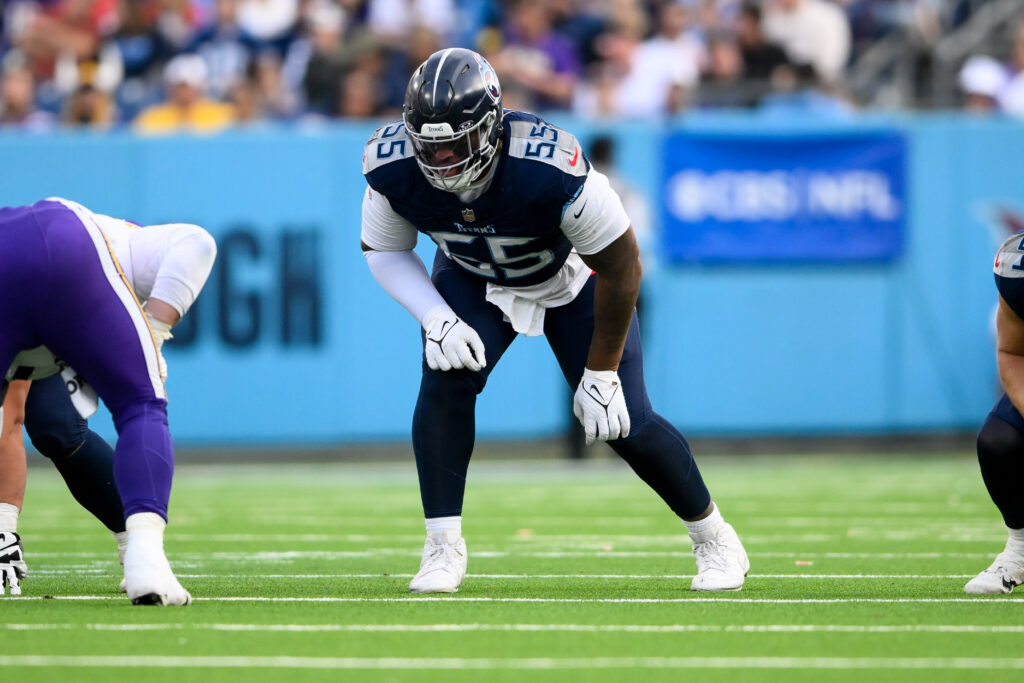 Tennessee Titans offensive tackle JC Latham (55) in his stance against the Minnesota Vikings during the second half at Nissan Stadium.