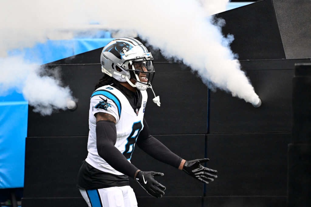 Carolina Panthers cornerback Jaycee Horn (8) runs on to the field before the game at Bank of America Stadium.