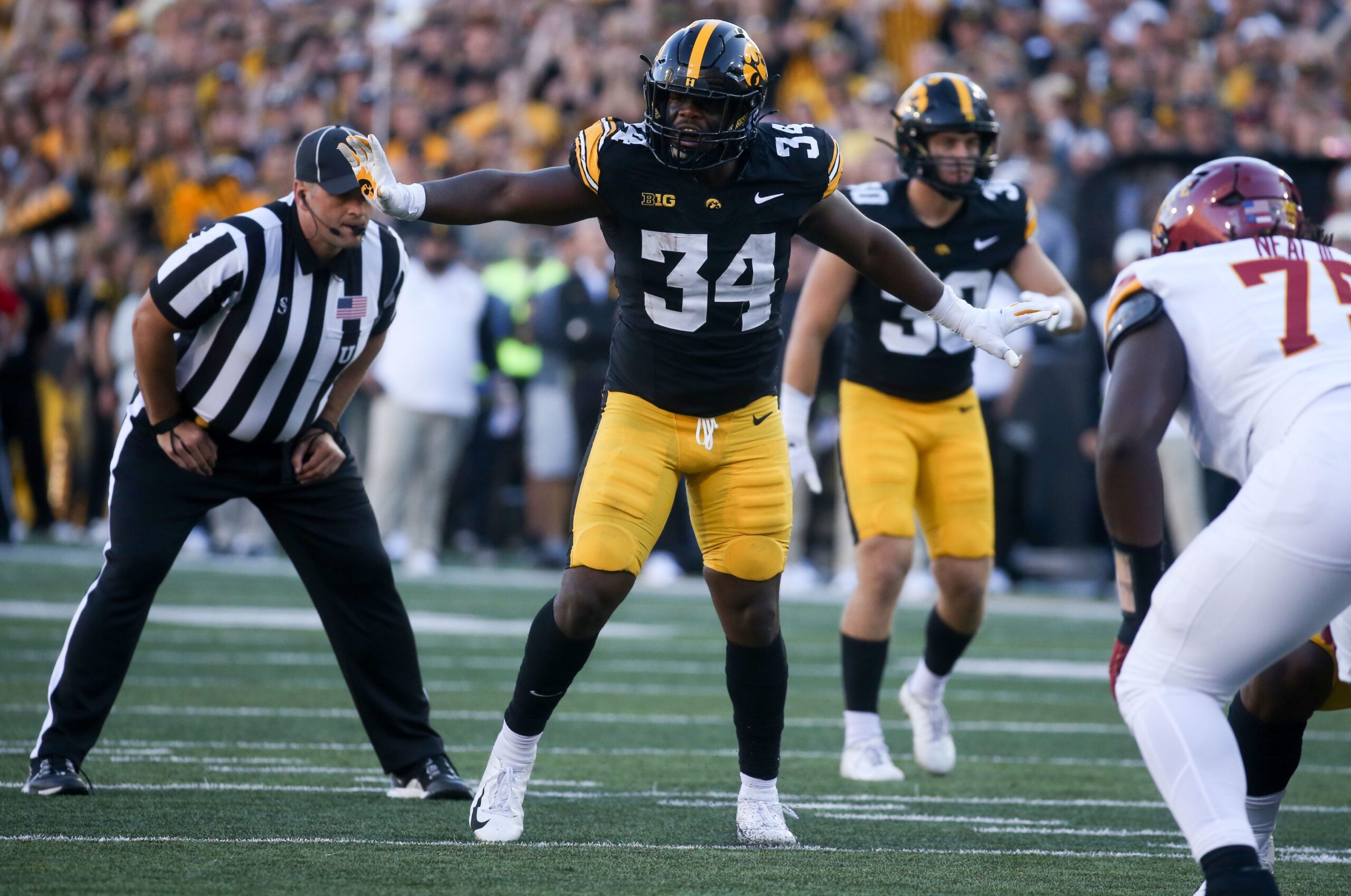 Iowa's Jay Higgins (34) lines up against Iowa State during the Cy-Hawk game Saturday.