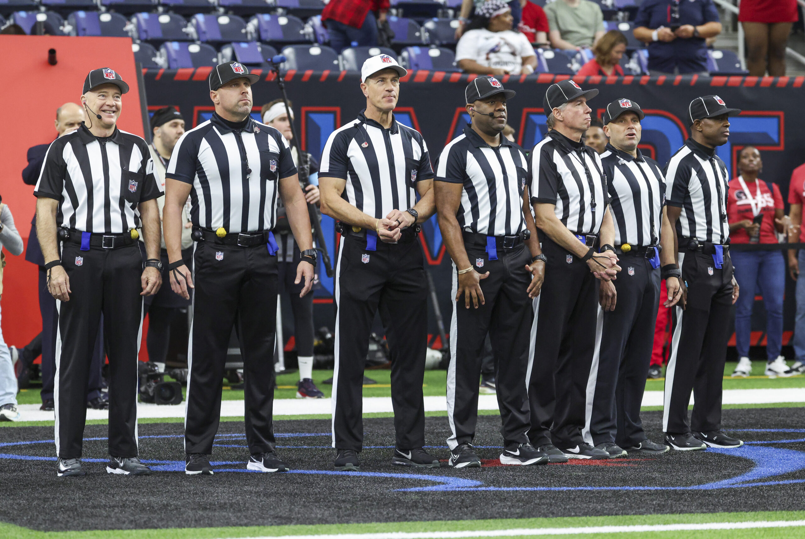 Referees stand on the field before the game between the Houston Texans and the Baltimore Ravens at NRG Stadium.