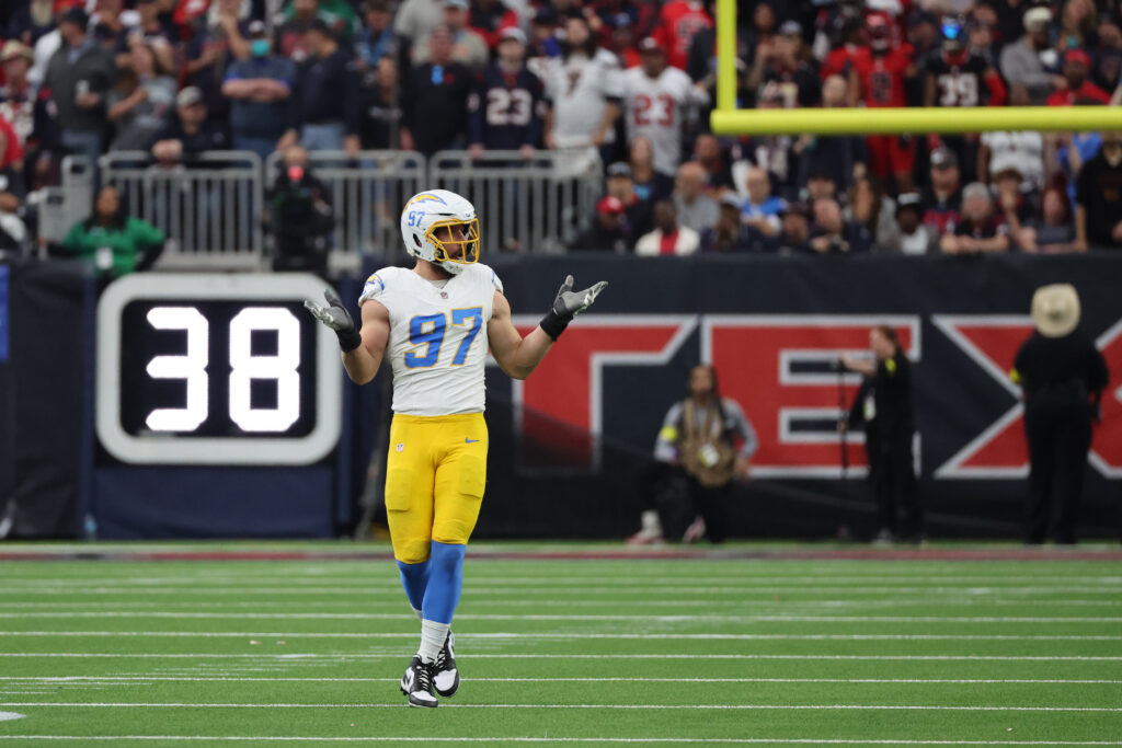 Los Angeles Chargers outside linebacker Joey Bosa (97) reacts after sacking Houston Texans quarterback C.J. Stroud (7) (not pictured) in the first quarter in an AFC wild card game.