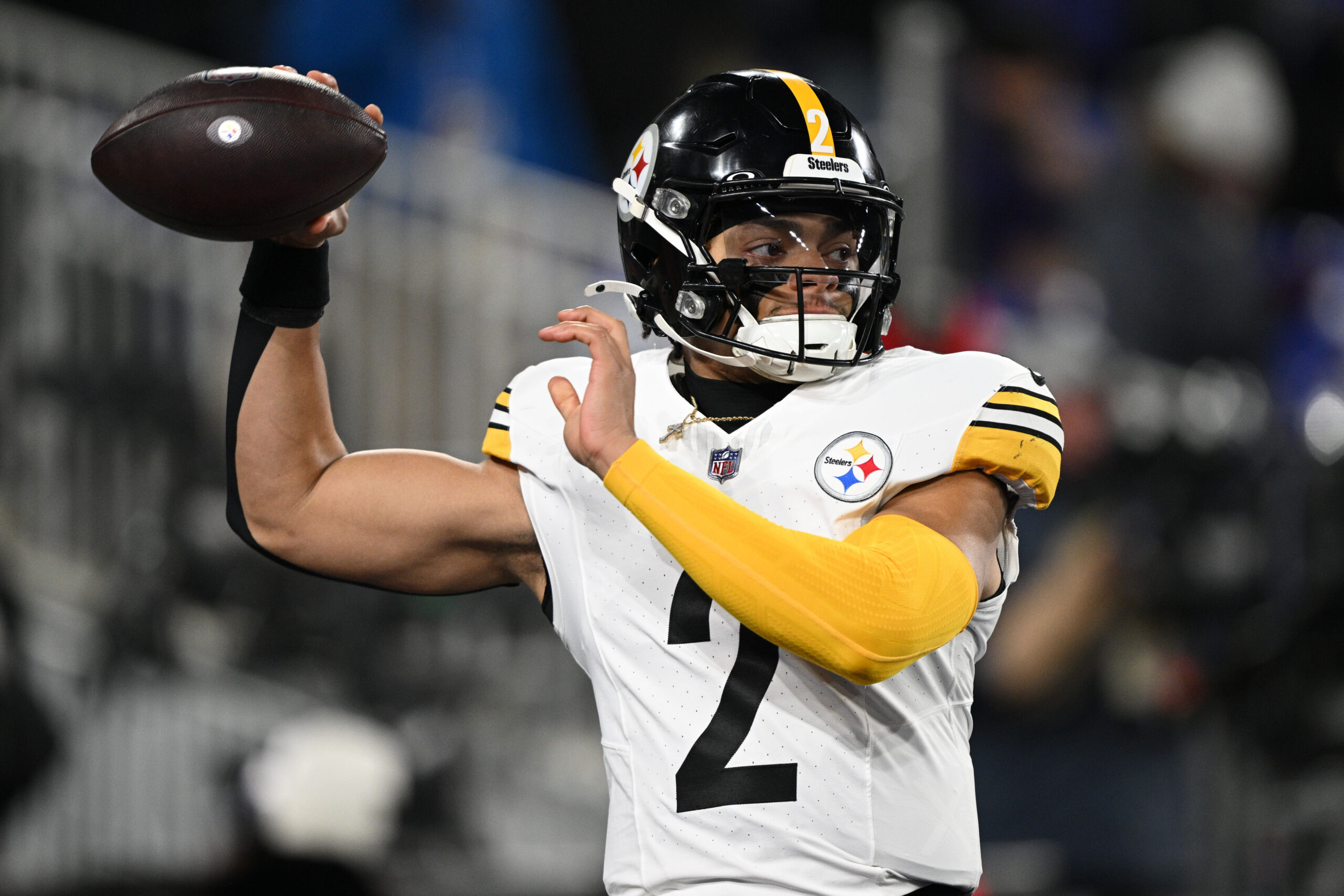 Pittsburgh Steelers quarterback Justin Fields (2) warms up before an AFC wild card game against the Baltimore Ravens at M&T Bank Stadium.