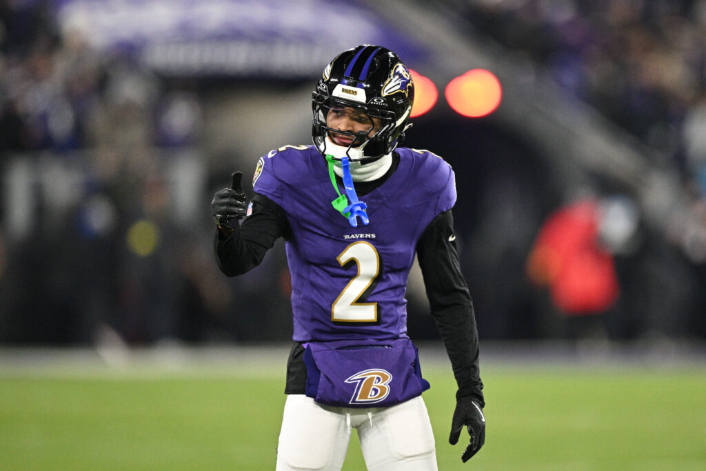 Baltimore Ravens cornerback Nate Wiggins (2) reacts in the first quarter against the Pittsburgh Steelers in an AFC wild card game at M&T Bank Stadium. 