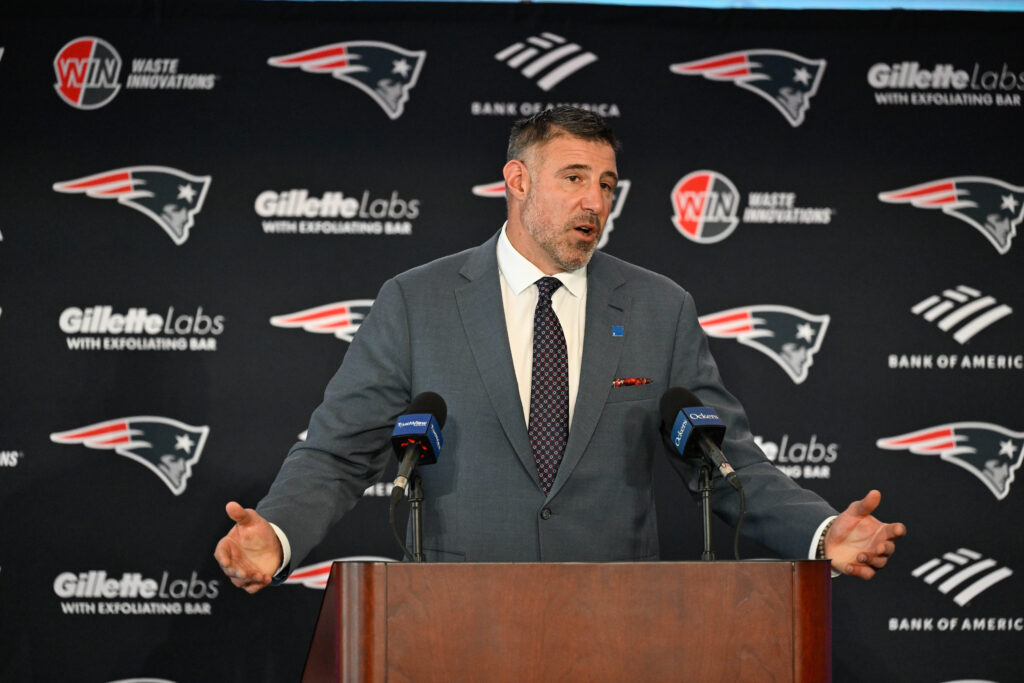 Mike Vrabel addresses media at a press conference to announce his hiring as the head coach of the New England Patriots at Gillette Stadium.