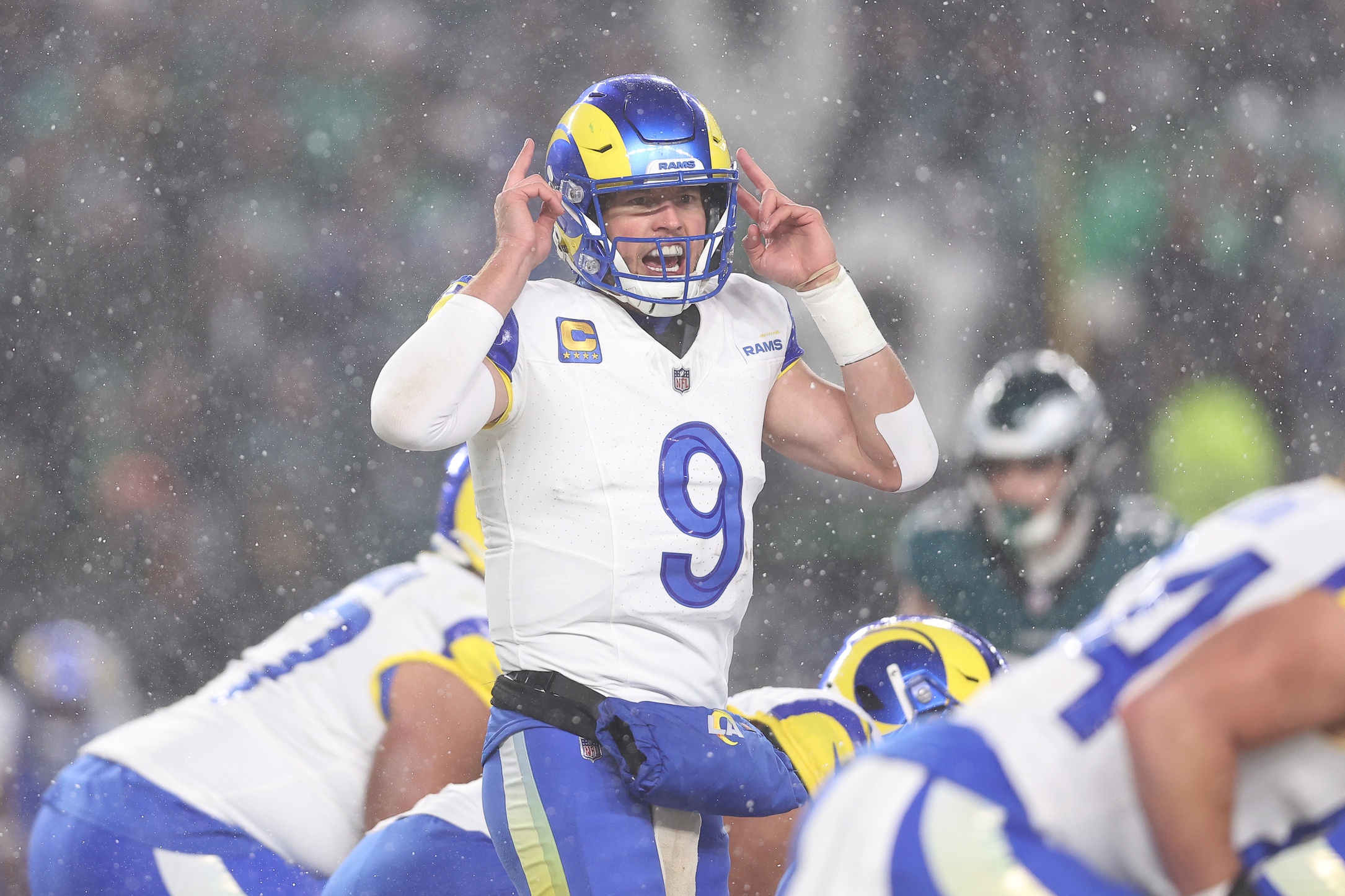 Los Angeles Rams quarterback Matthew Stafford (9) calls a play from the line of scrimmage in the third quarter against the Philadelphia Eagles in a 2025 NFC divisional round game at Lincoln Financial Field.