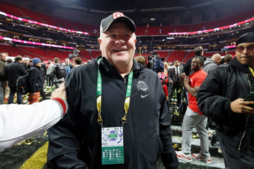 Ohio State Buckeyes offensive coordinator Chip Kelly celebrates after winning against the Notre Dame Fighting Irish in the CFP National Championship college football game. 