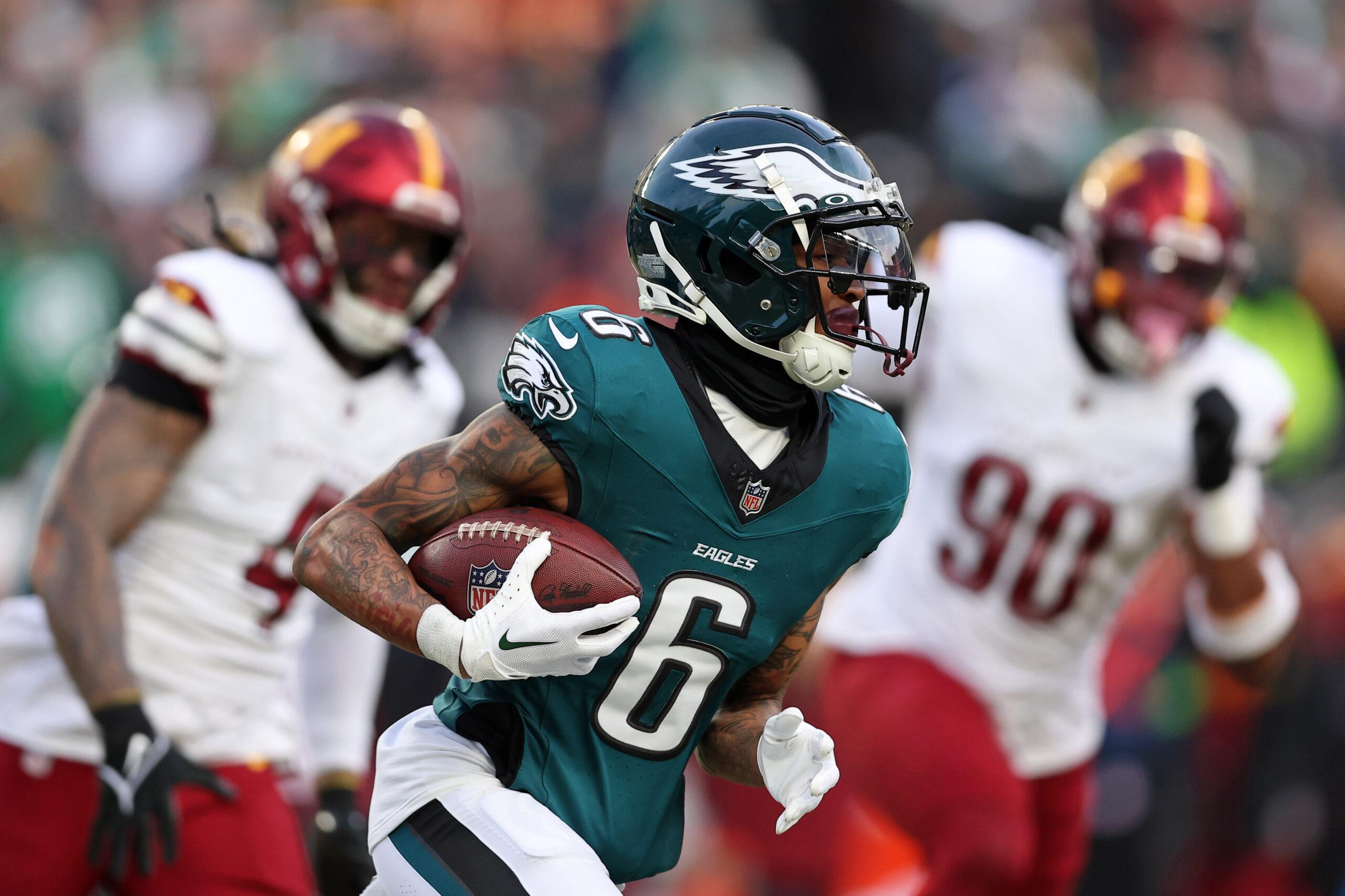 Philadelphia Eagles wide receiver DeVonta Smith (6) runs with the ball against the Washington Commanders in the NFC Championship game.