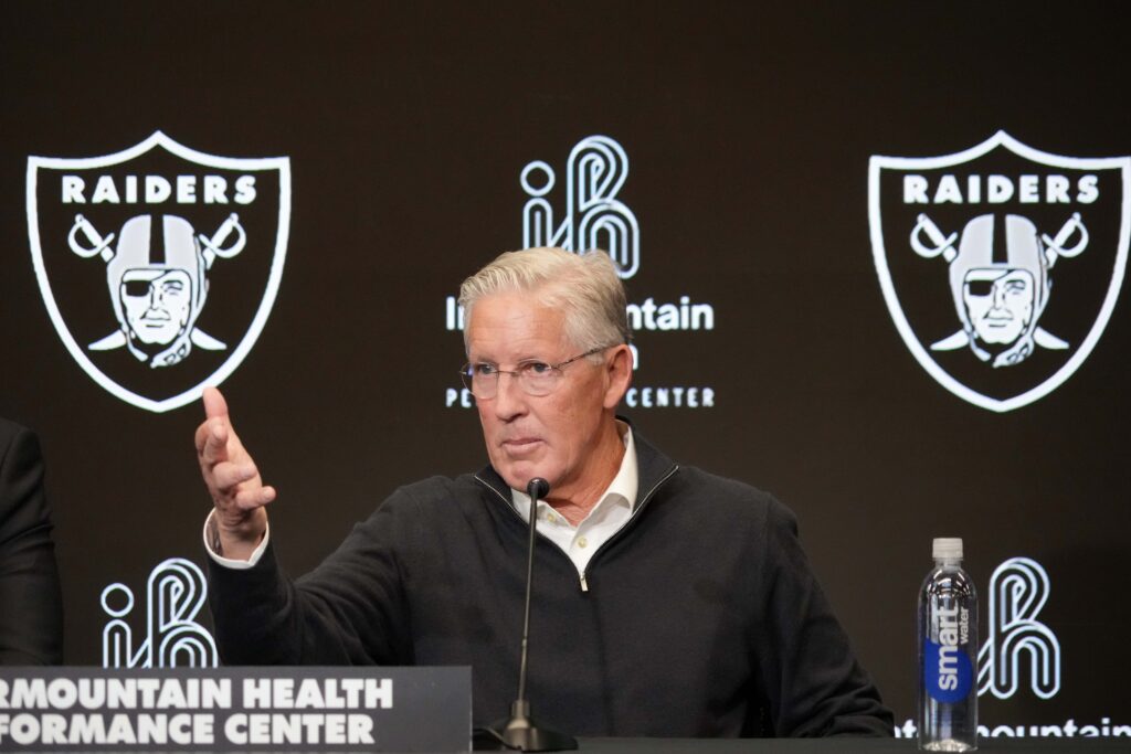 Las Vegas Raiders coach Pete Carroll at press conference at Intermountain Health Performance Center.