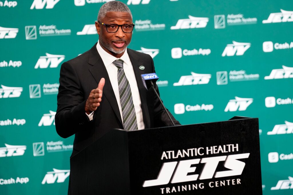 Aaron Glenn is introduced as the new head coach of the New York Jets at a press conference at the Atlantic Health Jets Training Center on Jan. 27, 2025. 