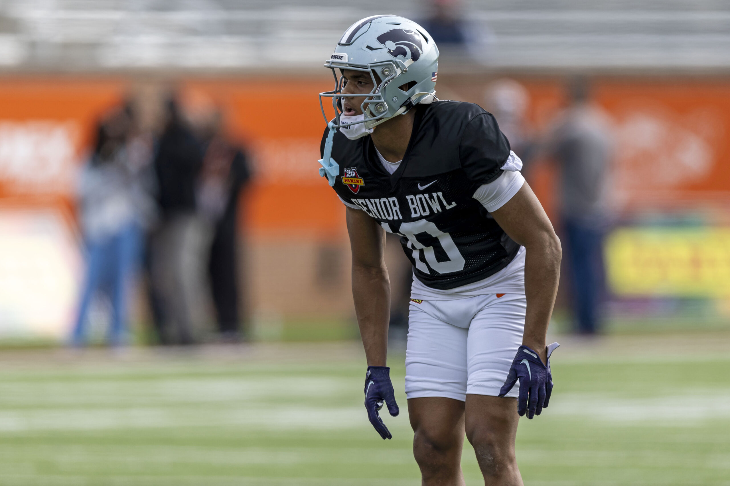 American team defensive back Jacob Parrish of Kansas State (10) lines up during Senior Bowl practice for the American team at Hancock Whitney Stadium.