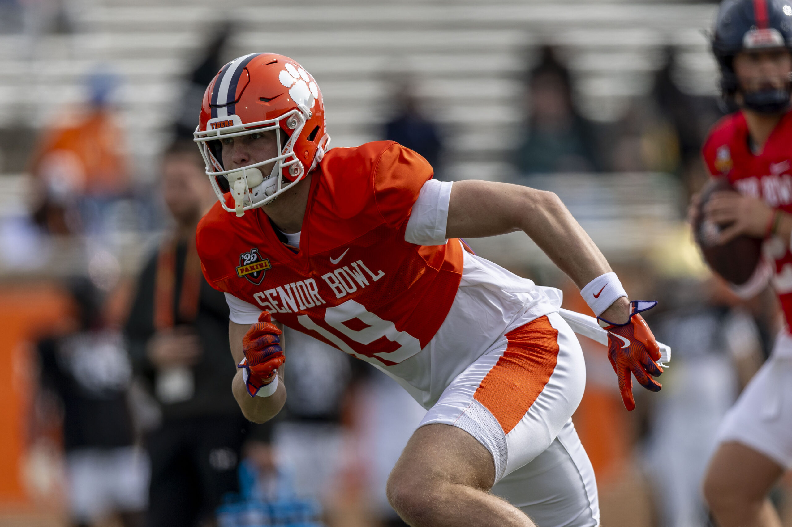 American team tight end Jake Briningstool of Clemson (19) runs a route during Senior Bowl practice for the American team at Hancock Whitney Stadium.