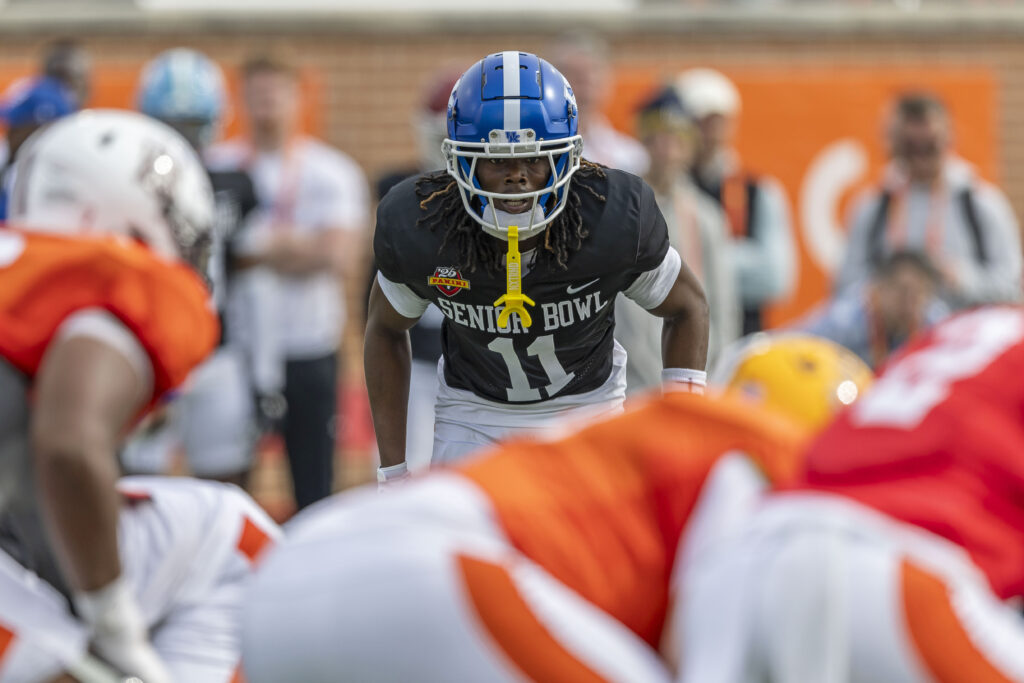 American team defensive back Maxwell Hairston of Kentucky (11) approaches the line during Senior Bowl practice for the American team. 