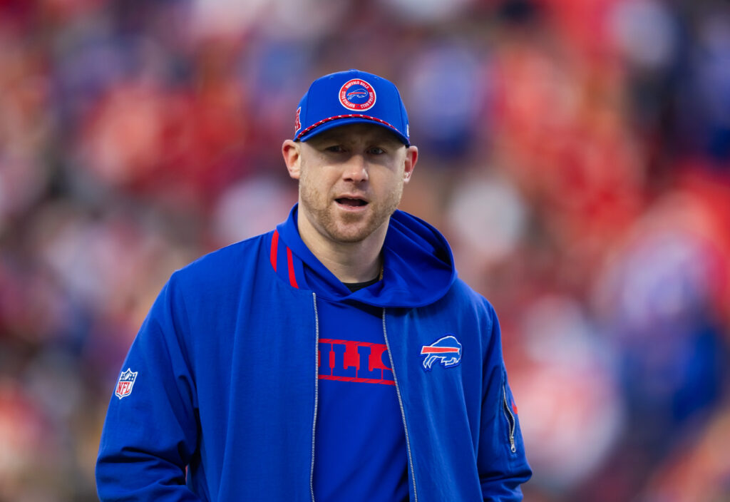 Buffalo Bills offensive coordinator Joe Brady against the Kansas City Chiefs during the AFC Championship game at GEHA Field at Arrowhead Stadium. 