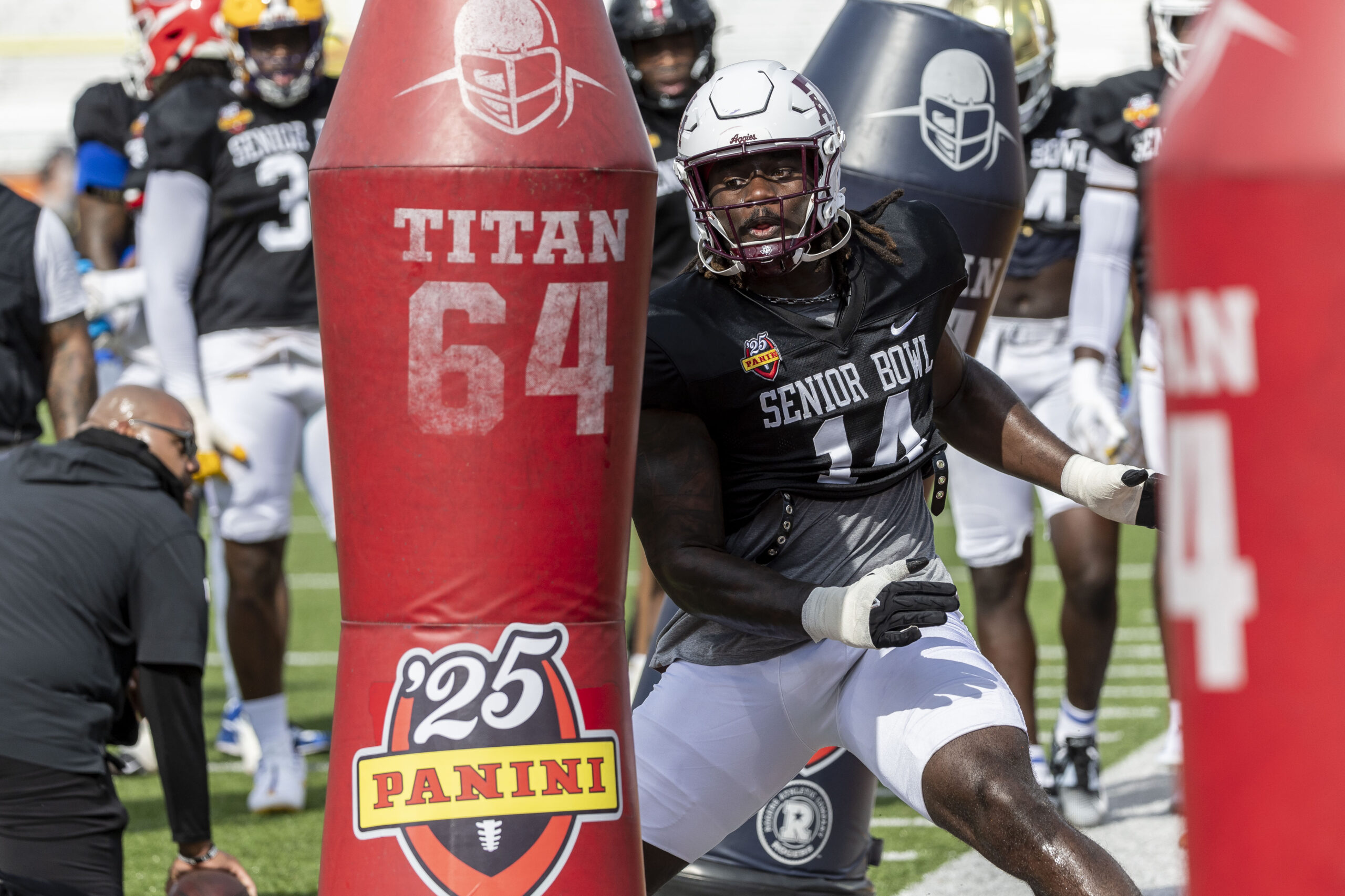 American team defensive lineman Shemar Stewart of Texas A&M (14) works in drills during Senior Bowl practice for the National team.