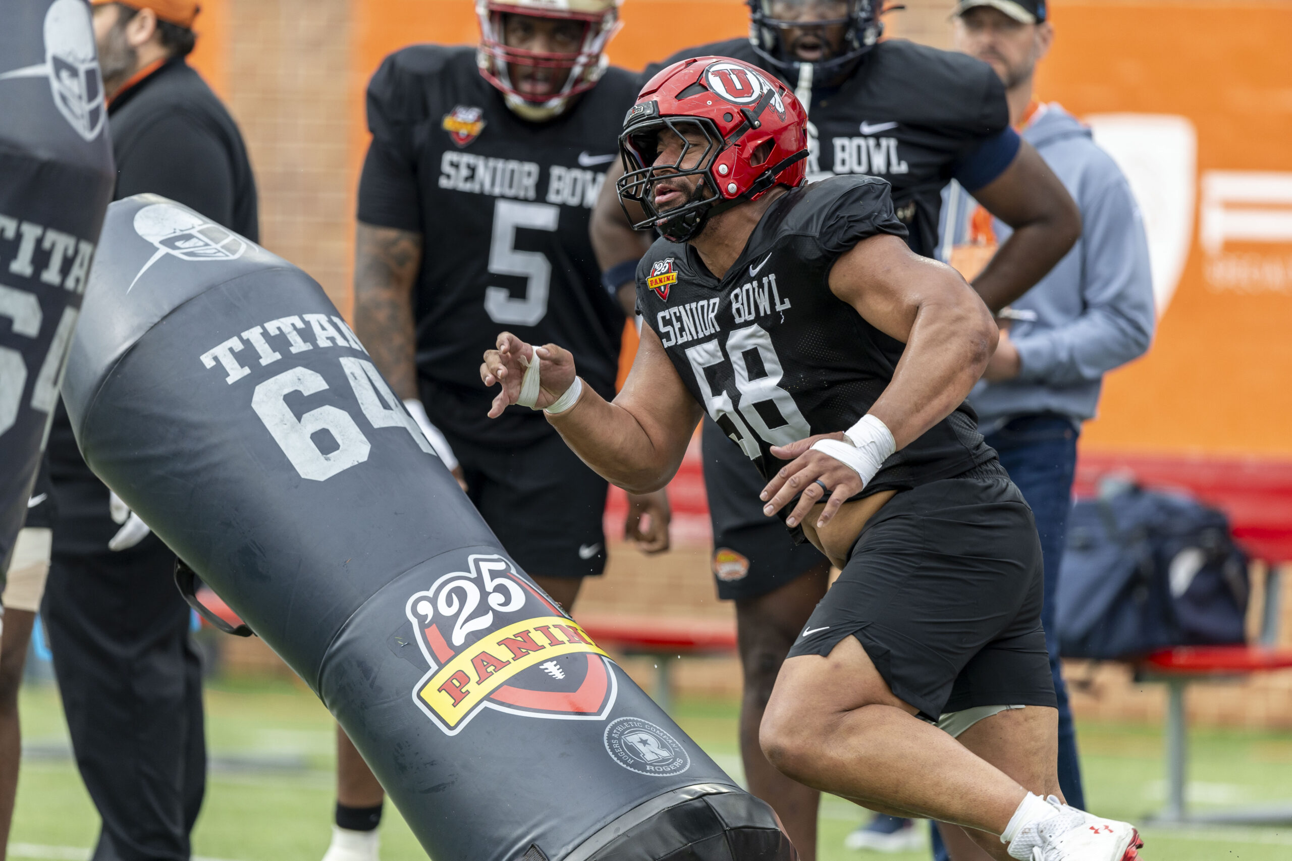 National team defensive lineman Junior Tafuna of Utah (58) works through drills during Senior Bowl practice for the National team.