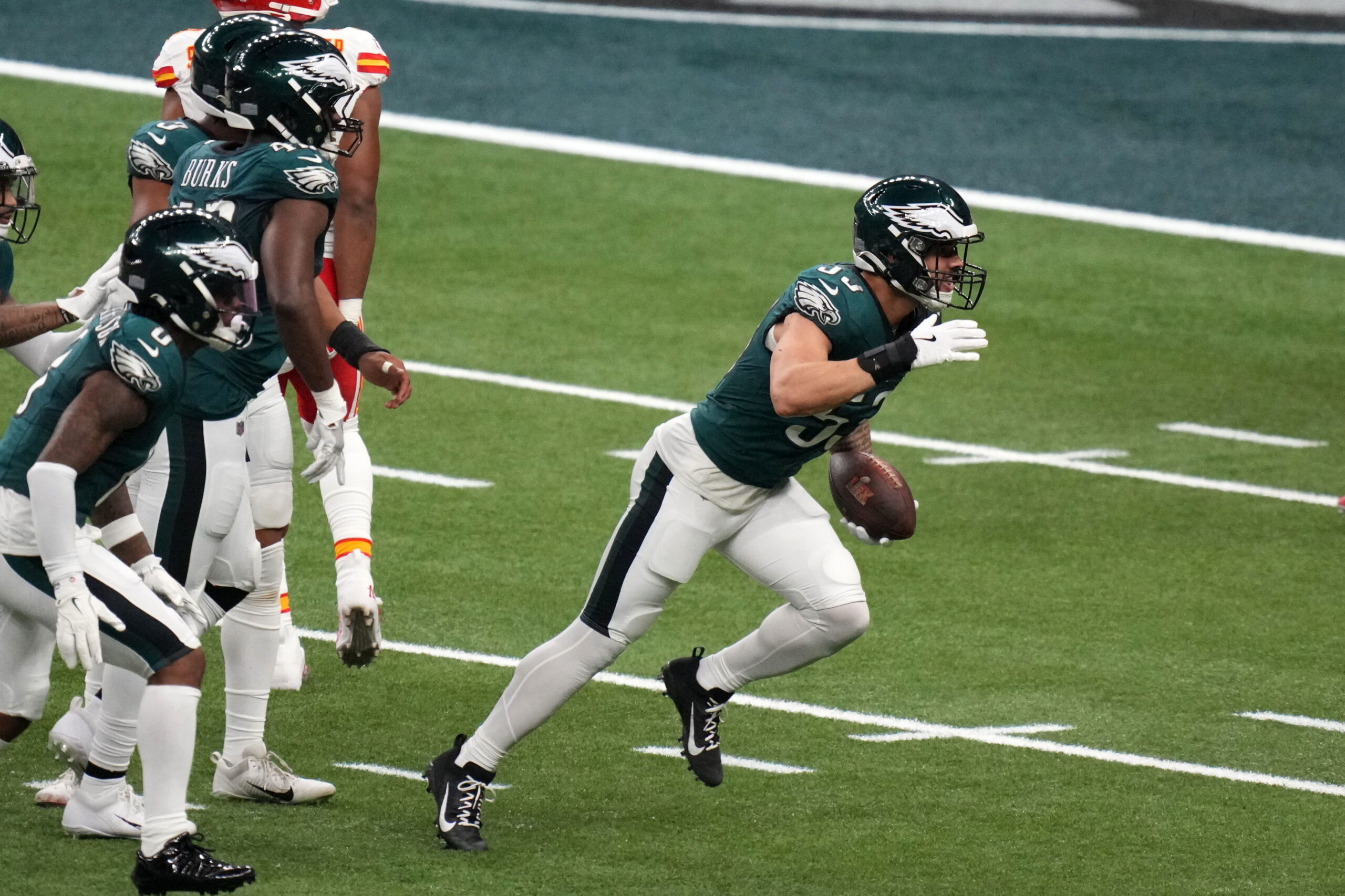 Philadelphia Eagles linebacker Zack Baun (53) reacts after making an interception against the Kansas City Chiefs during the second quarter in Super Bowl LIX at Caesars Superdome.