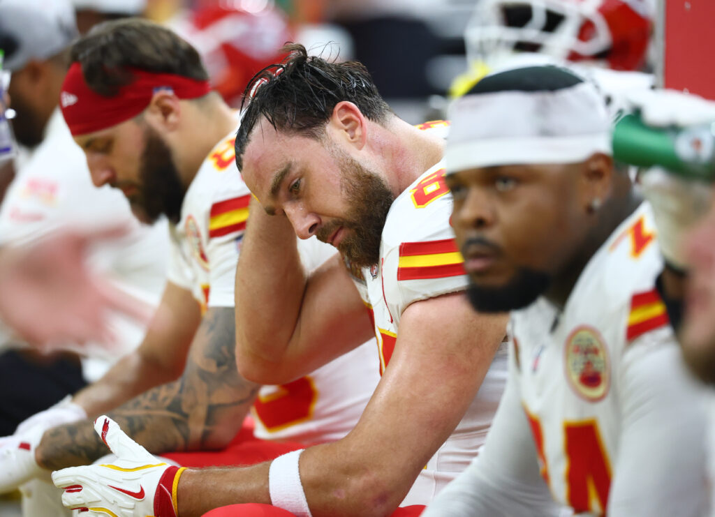 Kansas City Chiefs tight end Travis Kelce (87) reacts on the sideline in the third quarter against the Philadelphia Eagles in Super Bowl LIX at Ceasars Superdome. 